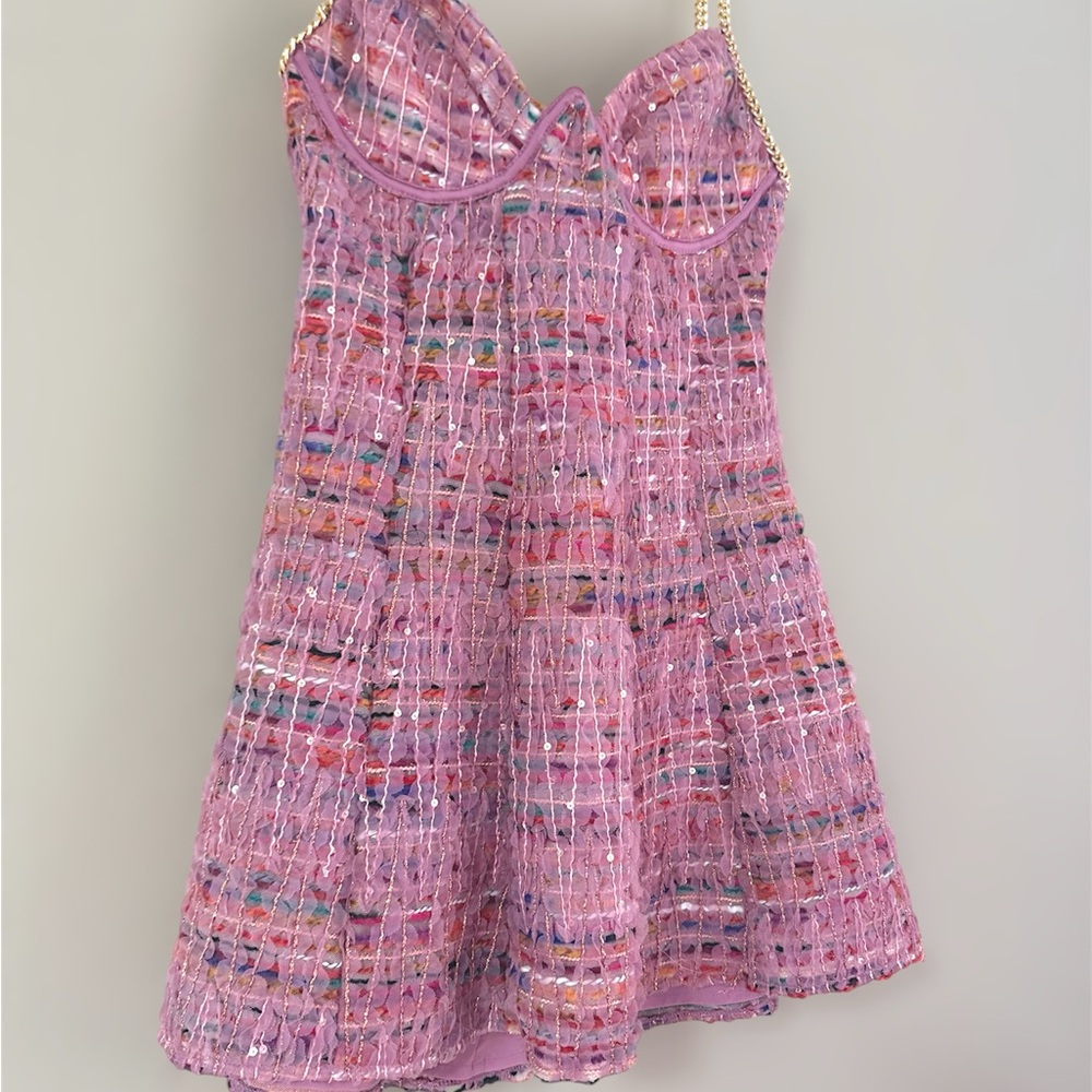For Love & Lemons Plaid Pink Multi Mini Dress Celine Tweed Chain (S) Like New - Picture 3 of 13